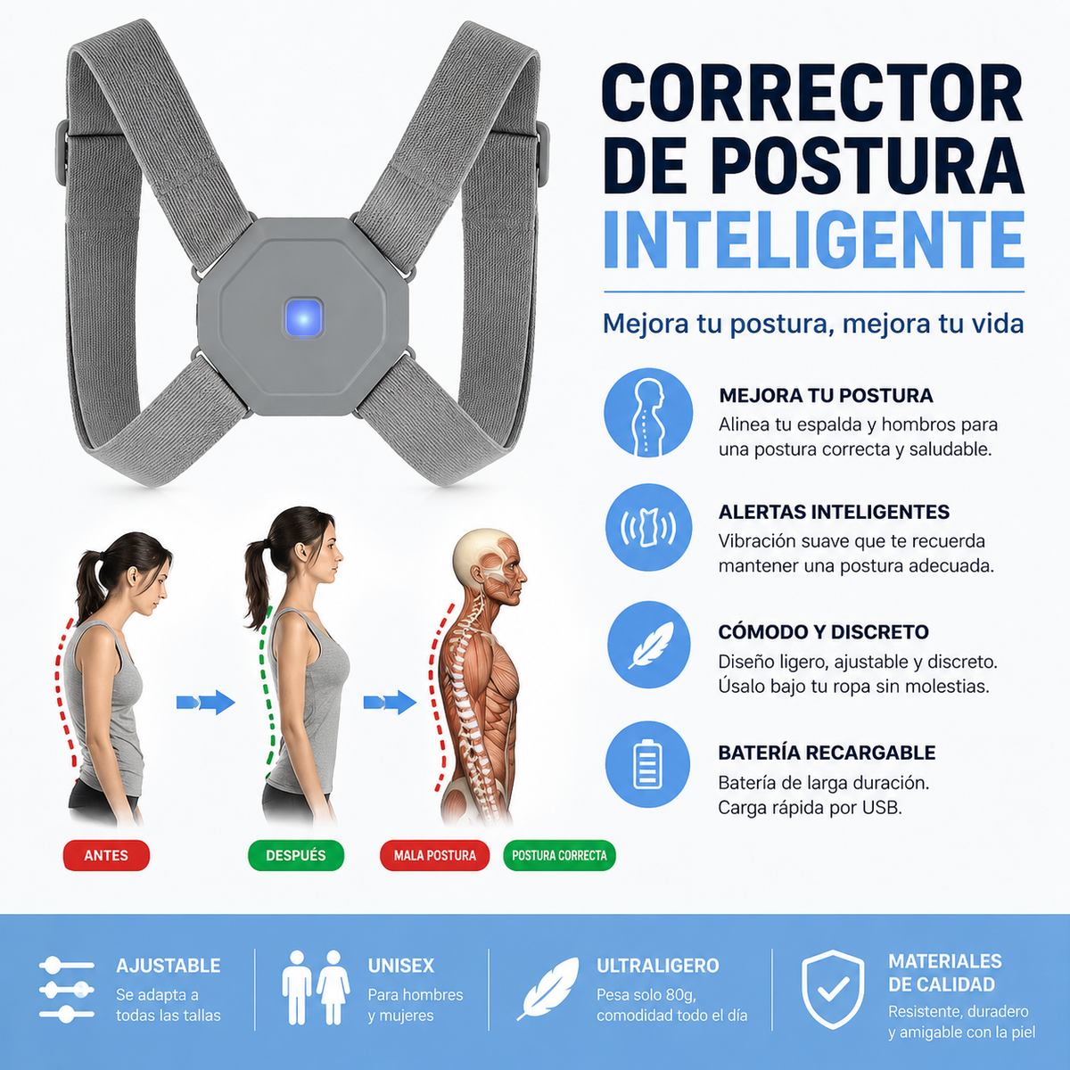 PosturePro™ by Nuvoryx Entrenador inteligente de postura con recordatorios por vibración.